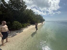 Two men enjoy a sunny day at the beach, wading in clear waters surrounded by lush mangroves — a perfect spot for relaxation and fun in the sun.