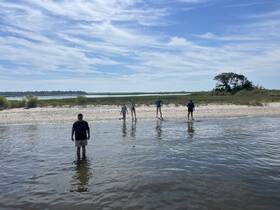 A group of friends enjoys a sunny day at the beach, wading in the water and soaking up the sun — a perfect sandbar stop for fun and relaxation.