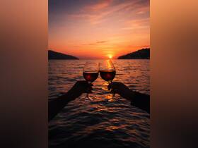 A romantic sunset toast with glasses of red wine, capturing the essence of celebration on the water — perfect for couples looking to create unforgettable memories.