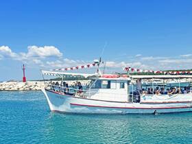 A lively group waves from the deck of the 'Galeb' boat, enjoying a sunny cruise in beautiful turquoise waters — perfect for group outings and celebrations.