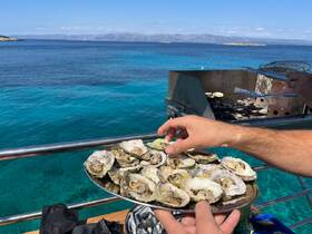 A delicious platter of freshly grilled oysters is prepared on a boat, showcasing the perfect blend of gourmet dining and stunning turquoise waters — ideal for seafood lovers on a culinary adventure.