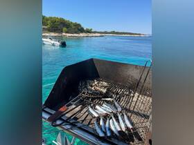 A grill loaded with fresh fish on a boat, showcasing the perfect setup for a delicious barbecue experience on the water.