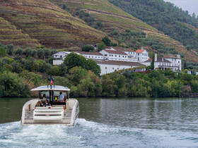 A group enjoys a scenic boat ride along a river, surrounded by lush vineyards and charming architecture — perfect for leisurely explorations.