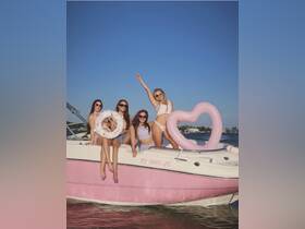 A lively group of friends enjoys a fun day on a pink boat, showcasing their playful spirit with floaties and smiles under the clear blue sky.
