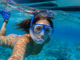 A snorkeler captures a vibrant underwater selfie surrounded by colorful fish, showcasing the beauty of marine life during a snorkeling adventure.