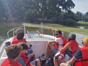 A group of guests enjoys a scenic boat ride while observing wild horses along the riverbank, showcasing the beauty of nature and wildlife encounters.