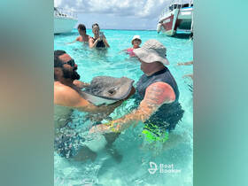 Guests interact with a stingray in shallow turquoise waters, creating an unforgettable wildlife experience in a tropical paradise.