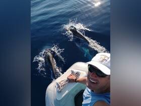 A joyful moment capturing a man interacting with dolphins swimming alongside his boat, showcasing the beauty of marine wildlife encounters.