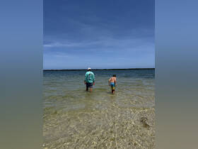 A father and son enjoy a sunny day wading in shallow waters, creating cherished family memories at the beach.