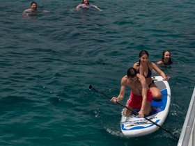 A group enjoys a fun day on the water, with one couple paddleboarding while others swim nearby — perfect for summer adventures and water sports.