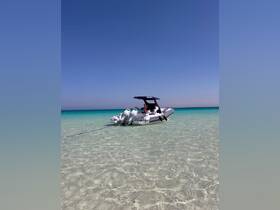 A sleek speedboat anchored in crystal-clear waters, showcasing the perfect setting for a day of adventure on the sea.
