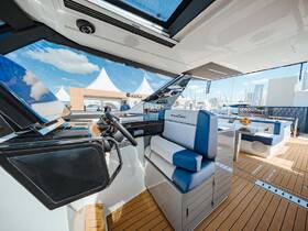 A sleek and modern helm area inside a luxury boat, showcasing stylish seating and a panoramic view, perfect for navigating the open waters.