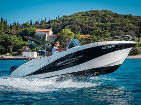 A speedboat, the Barracuda 545, glides through the water with a driver at the helm, showcasing the thrill of boating adventures in a scenic setting.