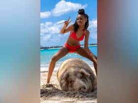 A young girl poses playfully with a pig on the beach, showcasing a unique and fun wildlife interaction in a tropical setting.