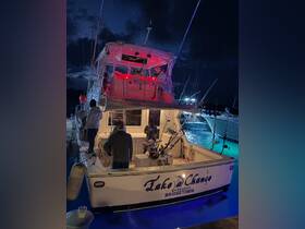 A group of anglers prepares for a night fishing adventure aboard the 'Lake a Chance' in Bridgetown, Barbados, illuminated by vibrant lights.