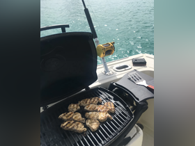 Grilled chicken sizzling on a boat's grill, showcasing onboard cooking amenities perfect for a day on the water.