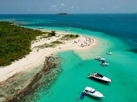 A vibrant scene at a sandbar with multiple boats anchored, guests enjoying swimming and relaxing on the beach — a perfect getaway for fun in the sun.
