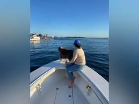 A person enjoys a serene moment on a boat with their dog, surrounded by calm waters and a clear blue sky — perfect for a relaxing day on the water.