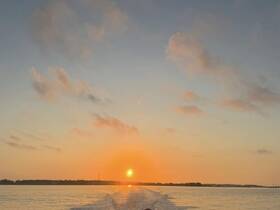 A stunning sunset view over calm waters, captured from the back of a boat, showcasing the serene beauty of evening cruises.
