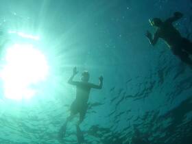 Two snorkelers enjoy an underwater adventure, surrounded by shimmering blue waters — a perfect snapshot of fun and exploration in the ocean.