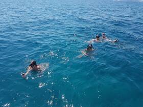 A group enjoys snorkeling in the crystal-clear waters, showcasing the fun and adventure of aquatic activities on a boat trip.