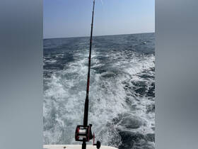 A fishing rod is set up on a boat, capturing the excitement of a fishing trip on open waters, perfect for anglers seeking adventure.