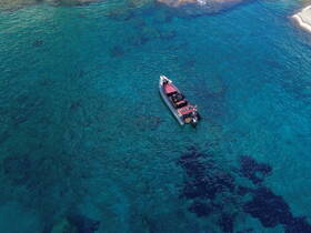 Aerial view of a sleek boat navigating through crystal-clear waters, showcasing the vibrant marine environment below.