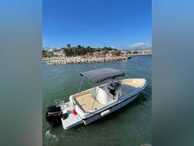 A sleek speedboat navigates the calm waters near a picturesque harbor, showcasing its elegant design and perfect for a day of exploration.
