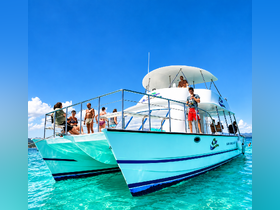 A lively group enjoys their time aboard a catamaran, soaking up the sun and fun in crystal-clear waters — perfect for a day of adventure and relaxation.