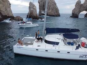 A lively scene at Cabo San Lucas with a group enjoying their time on a catamaran, featuring a playful dog on deck and stunning rock formations in the background.