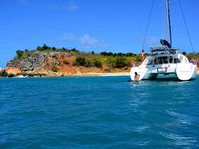 A lively scene featuring guests enjoying a catamaran trip, with some swimming in the clear waters near a picturesque beach — perfect for a fun day on the water.