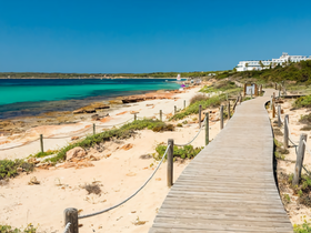 A scenic view of a beach pathway leading to turquoise waters, ideal for relaxing strolls and enjoying nature.