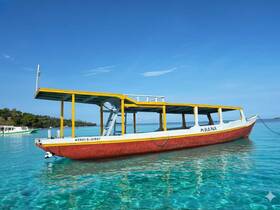 A vibrant boat named 'Moana' anchored in crystal-clear waters, showcasing the beauty of tropical marine environments.