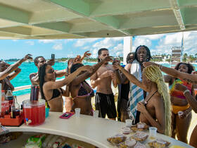 A lively group celebrates on a boat, raising drinks and enjoying the vibrant atmosphere — perfect for unforgettable party experiences on the water.