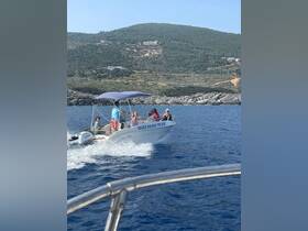 A lively group enjoys a boat ride on the 'Golden Dolphin' in beautiful blue waters, perfect for adventure and exploration.