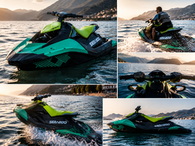 A vibrant Sea-Doo jet ski glides across the water, showcasing its sleek design and performance — perfect for thrilling water adventures.