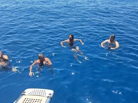 A group of friends enjoys a refreshing swim in crystal-clear waters, perfect for a fun day on the boat.