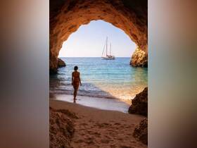 A woman stands on the beach, gazing at a sailboat in the distance, framed by a natural cave — a picturesque scene capturing the beauty of coastal adventures.