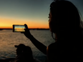 A woman captures the stunning sunset over the water with her phone, creating a perfect moment of tranquility and beauty during a boat trip.