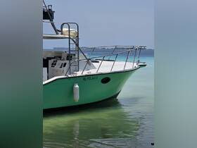 A close-up view of the bow of the 'Ms. Pelagic' boat, docked in clear turquoise waters, showcasing its vibrant green hull and sleek design.