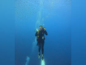 A young diver explores the vibrant underwater world, surrounded by schools of fish — an exhilarating experience for marine enthusiasts.
