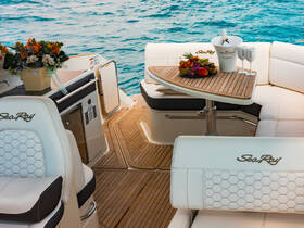 A beautifully arranged interior of a Sea Ray boat featuring elegant seating, a dining table with fresh fruits, and a stylish ambiance, perfect for luxurious outings on the water.