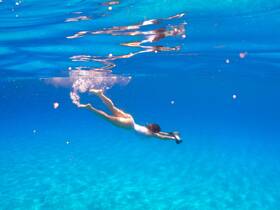 A swimmer dives gracefully into the crystal-clear waters, showcasing the vibrant underwater world — a perfect moment for snorkeling enthusiasts.