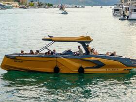 A lively group enjoys a day on a stylish yellow boat, perfect for socializing and fun on the water.