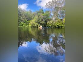 A couple enjoys a serene kayaking experience surrounded by lush greenery and tranquil waters, perfect for nature lovers and adventure seekers.
