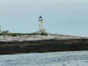 A scenic view of a lighthouse standing tall on the rocky coastline, surrounded by the serene waters — a perfect representation of coastal beauty and maritime heritage.
