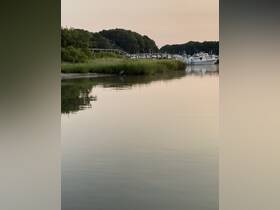 A serene sunset view over a calm harbor, showcasing boats docked along the shore and lush greenery, perfect for capturing the tranquility of coastal life.