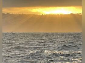 A breathtaking sunset casts golden rays over the ocean, creating a serene backdrop for a perfect evening on the water.