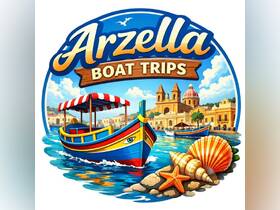 A colorful illustration promoting Arzella Boat Trips, featuring a vibrant boat and coastal scenery, ideal for attracting tourists to boating adventures.