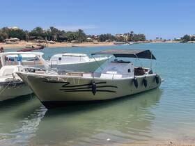 A sleek speedboat docked in calm waters, showcasing its stylish design against a scenic backdrop of palm trees and sandy shores.